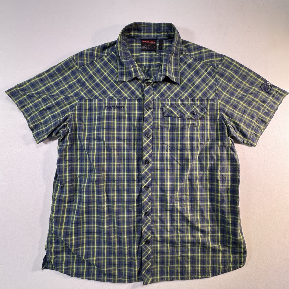 Mammut Swiss Design Men’s Hiking Shirt SS XL Blue Yellow Plaid Polyamide UVF